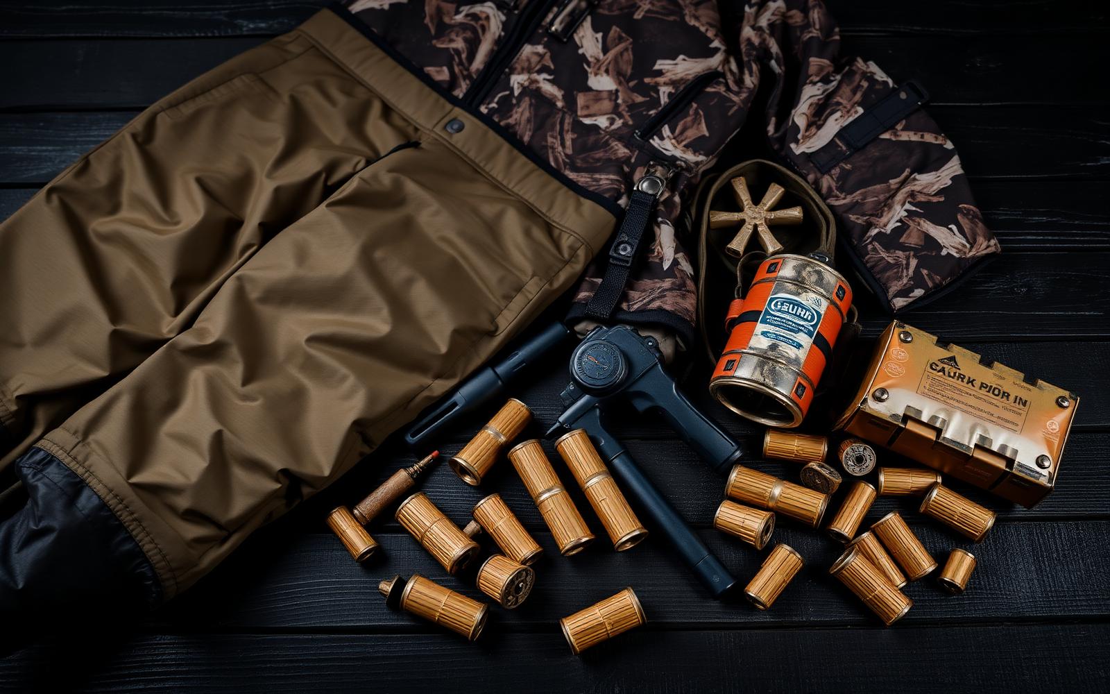 Duck calls, decoys, and shotgun shells flat lay